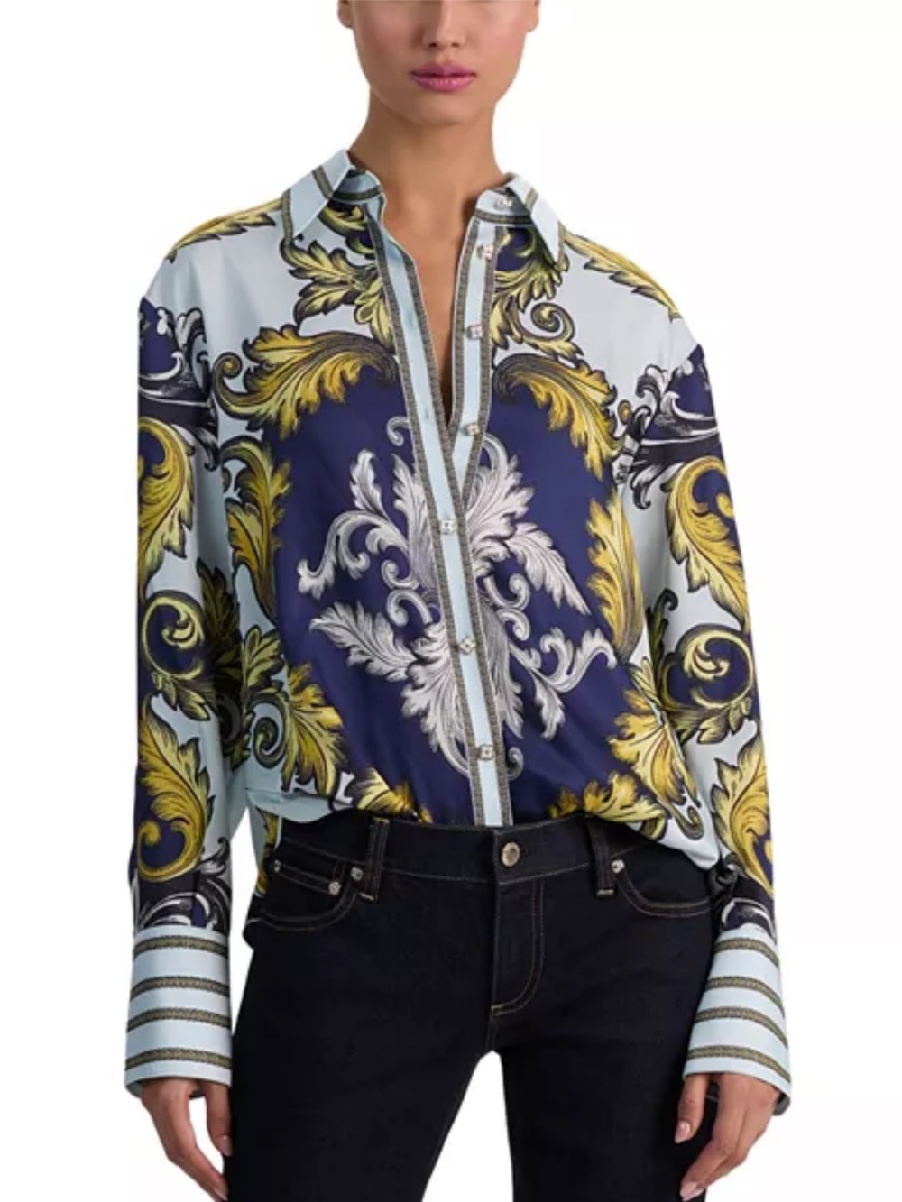 Alice + Olivia Baroque Print Satin Button-Down in Navy, Gold and Light Blue NWT